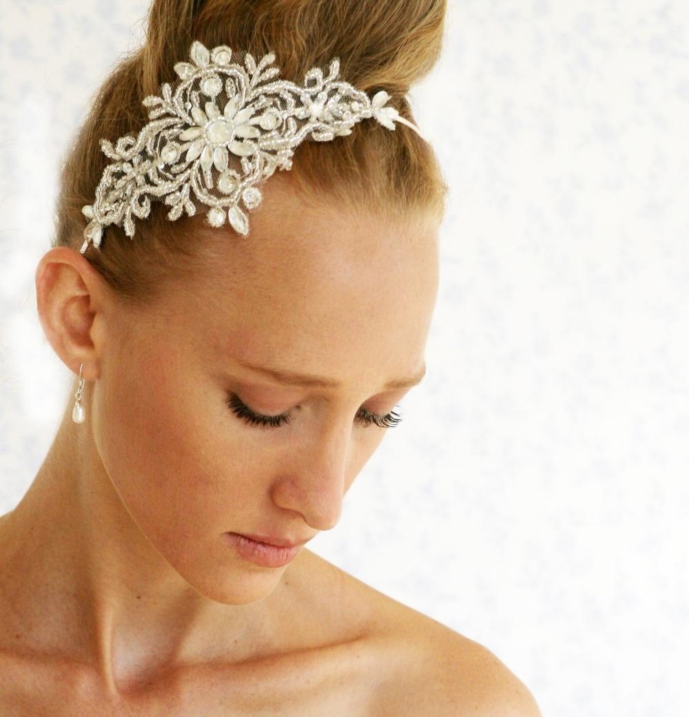 BOGO SALE -bridal lace headpiece - Silvery crown - Chantilly crystals and rhinestone silvery lace headpiece